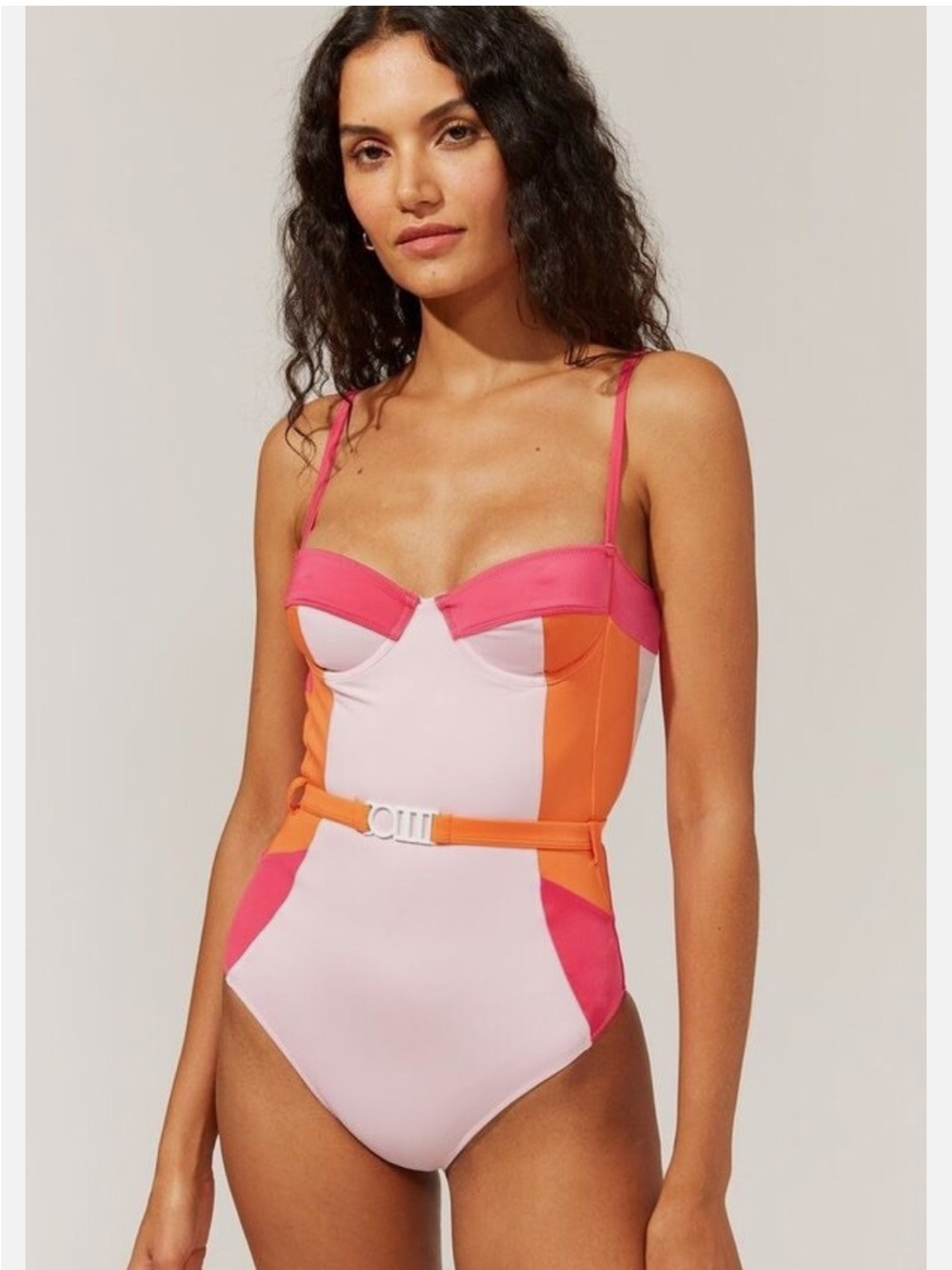 SOLID & STRIPED Pink and Orange Colorblock One-Piece, Size Medium.